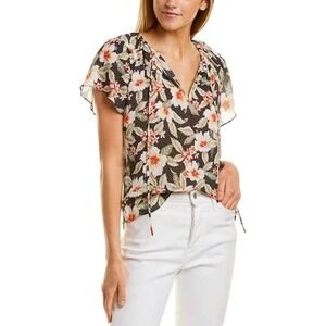 NWT Rebecca Taylor Kamea Fleur Tie Black Floral Silk Top Shirt Blouse Size 0